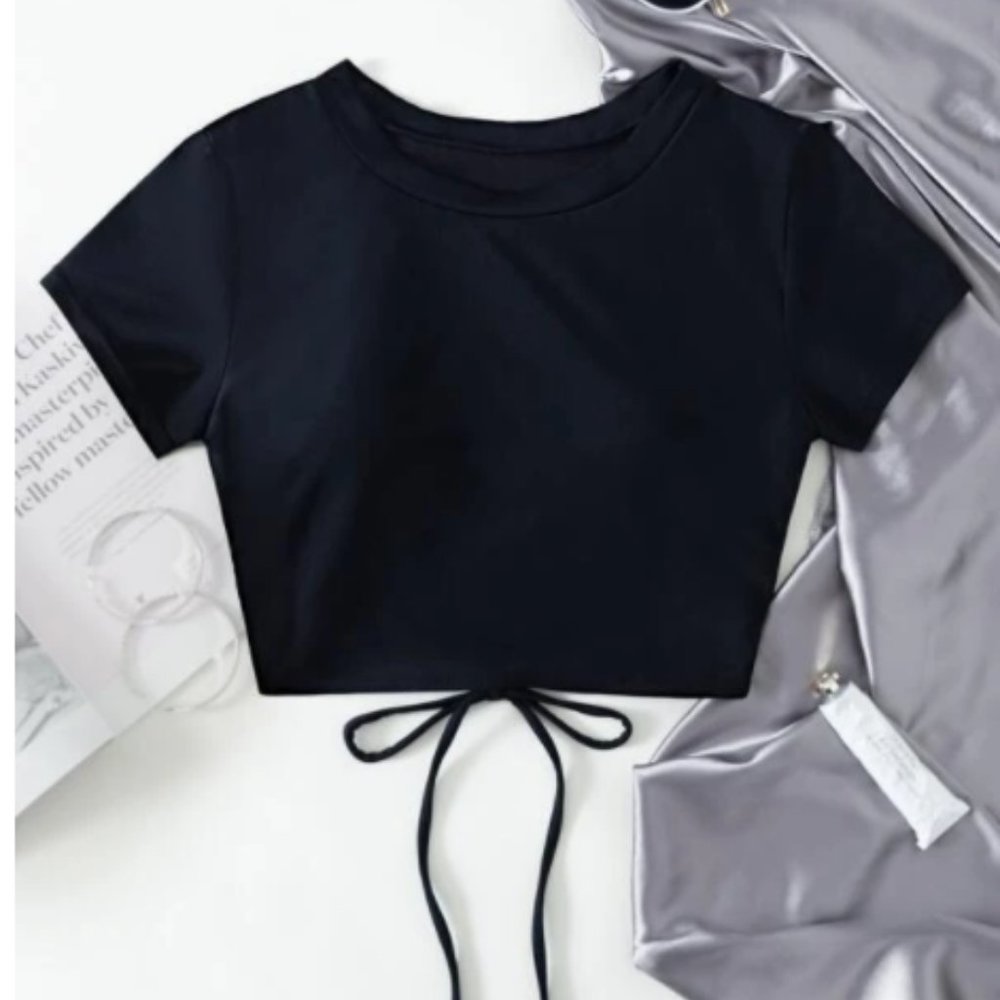 Black T-Shirt Cut-Out Back Bikini - Workout Top - Size S - New!